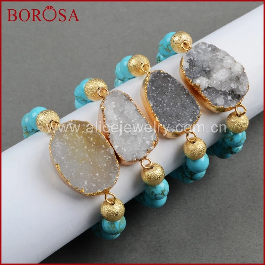 

BOROSA Blue Crystal Beads Bracelet ,Natural Crystal Beads & Geode Druzy Bangle Bracelet , Gold Blue Stone Beads Bracelets G0297