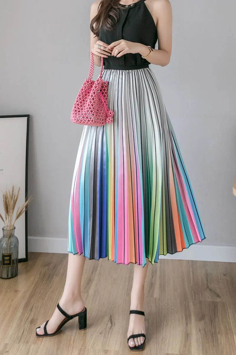 ATKULLQZ high quality factory direct spring summer clothes new rainbow skirt long skirt big swing woman skirt with lining