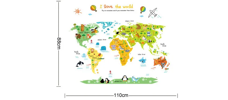 [Fundecor] cartoon animal world map children wall stickers for kids rooms boys girls bedroom wall decals diy murals home decor