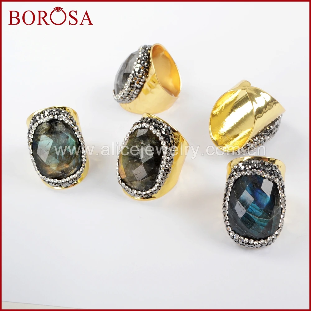 

BOROSA 5PCS Natural Labradorite Stone Gold Band Rings,Sparkling Freeform Gems Stone pave cz Adjustable Rings For Women JAB899