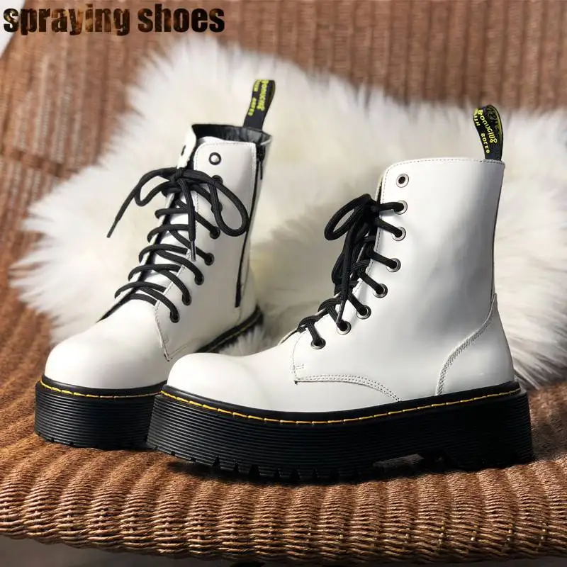 White/Black Leather Cross-tied Round Toe Thick Bottom Riding Boots Autumn Winter Flat Boots Women Platform Shoes