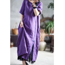 Повседневное женское платье с коротким рукавом летнее хлопковое льняное ТРАПЕЦИЕВИДНОЕ фиолетовое тонкое Оригинальное китайское длинное платье свободное модное YoYiKamomo