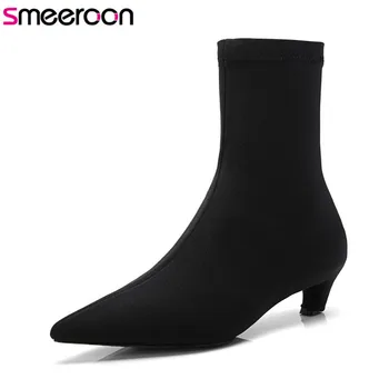 

Smeeroon women boots autumn winter boots med heels pointed toe stretch fabric slip on ankle boots for women wedding shoes