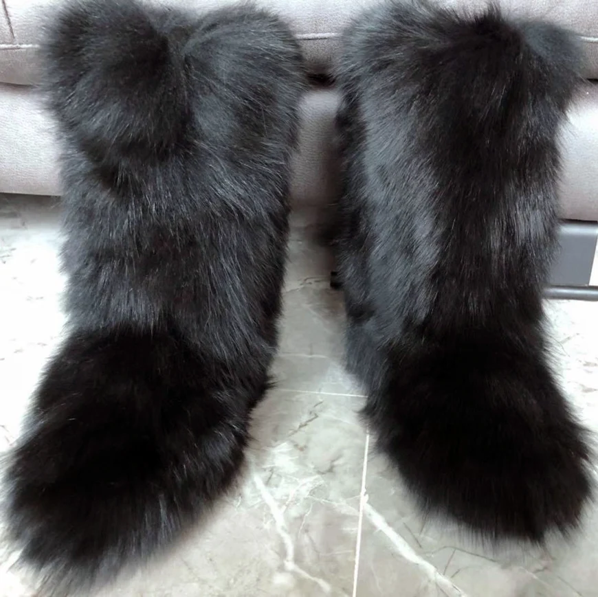

2018 New Arrival Winter Zapatos Mujer High-barrel Fox Fur Flat Non-slip Snow Boots Knee high botas