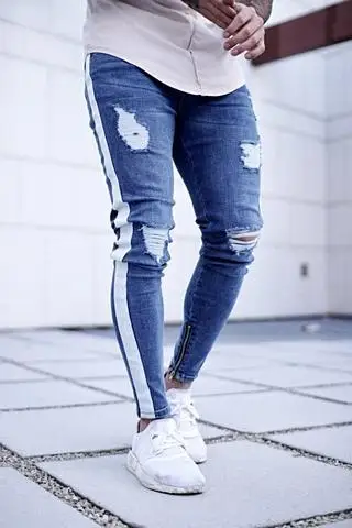 Джинсы для мужчин длинные Мужская мода весенние рваные джинсы тонкие узкие брюки-карандаш брюки в стиле хип-хоп одежда - Цвет: LightBlue