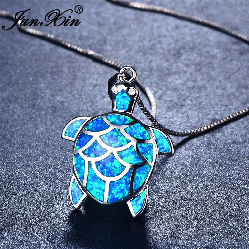 

JUNXIN 925 Sterling Silver Cute Turtle Pendants Ocean Blue Fire Opal Necklaces For Women Oval Stone Birthstone Animal Choker
