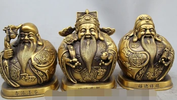 

7" Chinese Folk Brass Stand Wealth 3 Longevity God Fu Lu Shou Life Statue fast