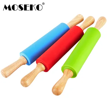 

MOSEKO Non-Stick Silicone Rolling Pin With Wooden Handle Pastry Flour Cake Dough Patterned Roller Bakeware Kitchen Pastry Tool