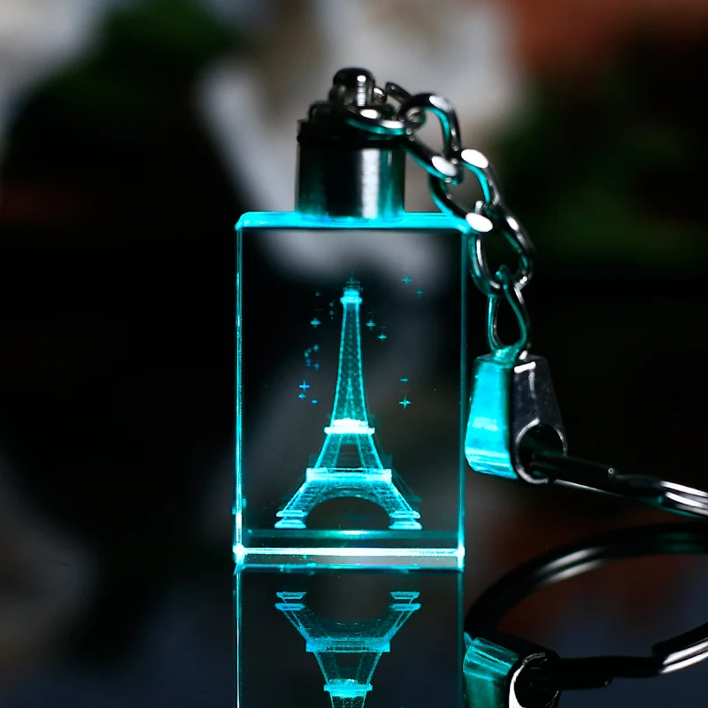 

Laser Engraved Tower Crystal Cube Key Chain Hanging Decoration with Changing Colors LED Light Pendant Travel Souvenirs or Gifts
