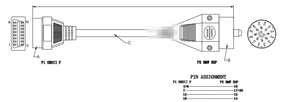 OBD1 OBD2 диагностический адаптер для BMW 20Pin к OBD2 16Pin гнездовой разъем полный контактный Подходит для BMW 20 Pin к OBDII 16 Pin