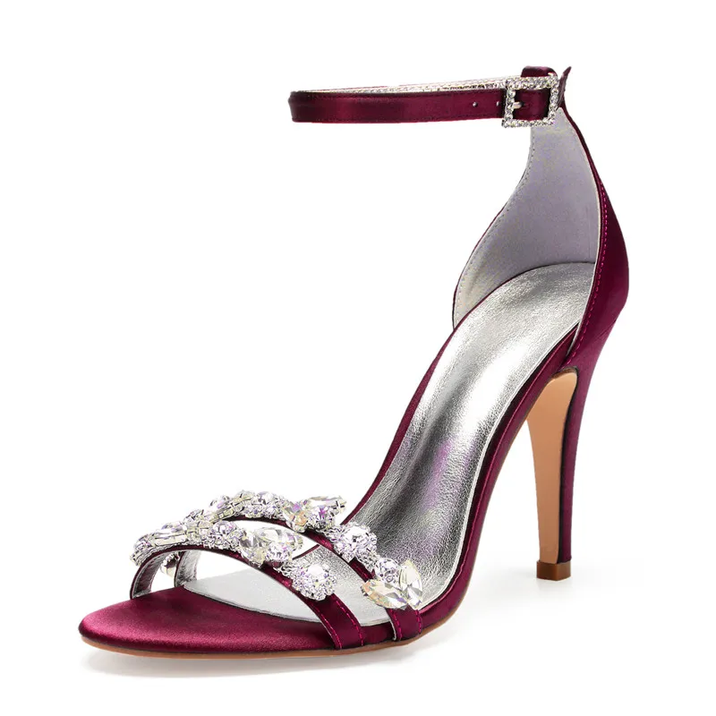 OnnPnnQ на высоком каблуке Стразы Свадебные сандалии Для женщин; Летняя обувь; открытый носок; Пряжка на щиколотке ремешками атласные вечерние сандалии под платье, для вечеринки - Цвет: burgundy