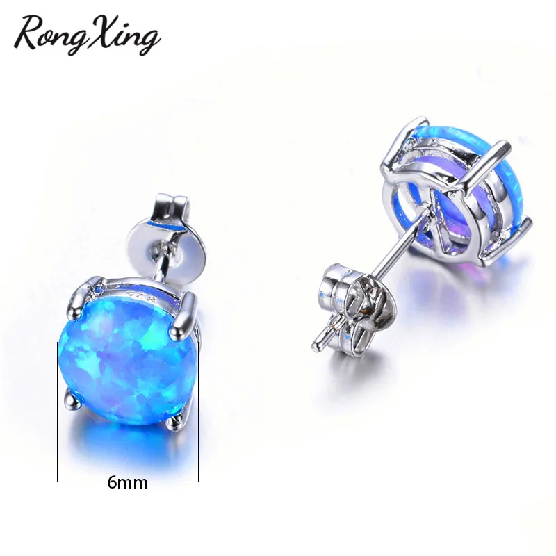 RongXing 6 мм круглые белые/синие/фиолетовые огненные опаловые серьги гвоздики для