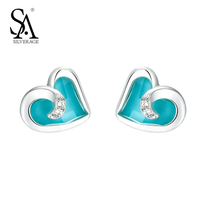 

SA SILVERAGE Real 925 Sterling Silver Turquoise Heart Stud Earrings for Women Rhinestone Fine Jewelry Blue 2017 Hot Sale