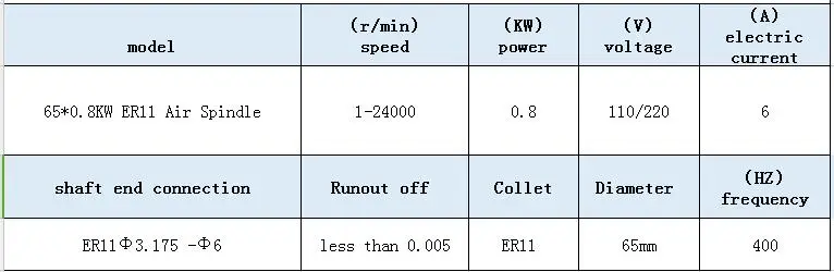 65mm ER11 0.8KW AIR SPINDLE 110V 220V