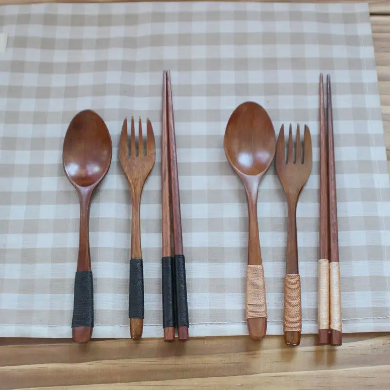 Cutlery set Japan Style Handmade Wooden Dinner Tableware set vintage