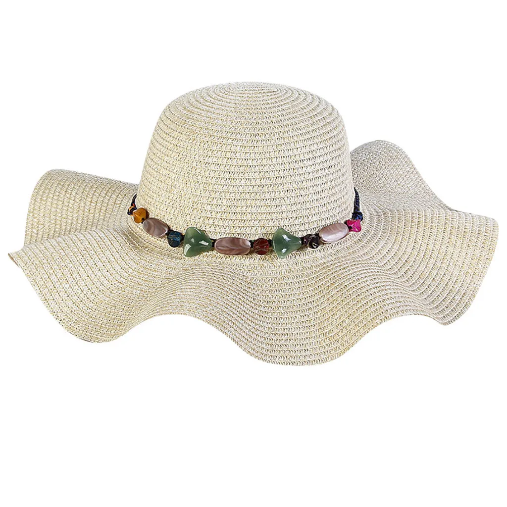 

ISHOWTIENDA Summer Hats Women Big Wide Brim Straw Hat Colorful Stone Design Beach Sun Foldable Cap Sombrero Playa Mujer #XTJ