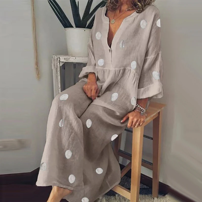 

2019 Plus Size Dress V-neck Bohemia Maxi Dress Loose Polka Dots Print Casual Summer Dress