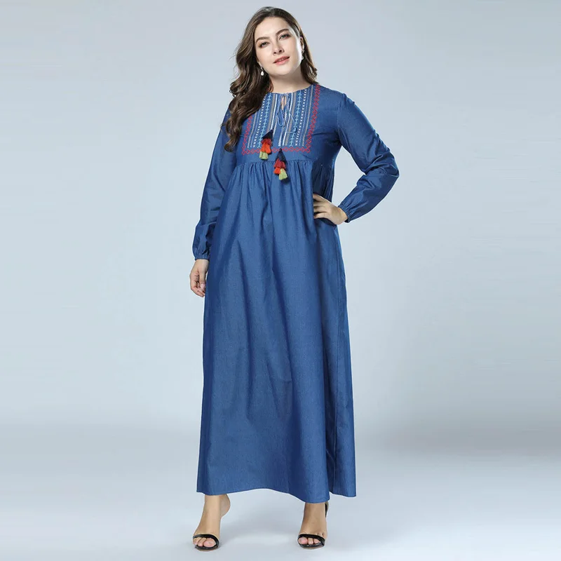 2018 New Autumn Embroidery Denim Fabric Abaya Muslim Jean Dress Moroccan dubai Kaftan islamic clothing Plus Size Blue Vestidos