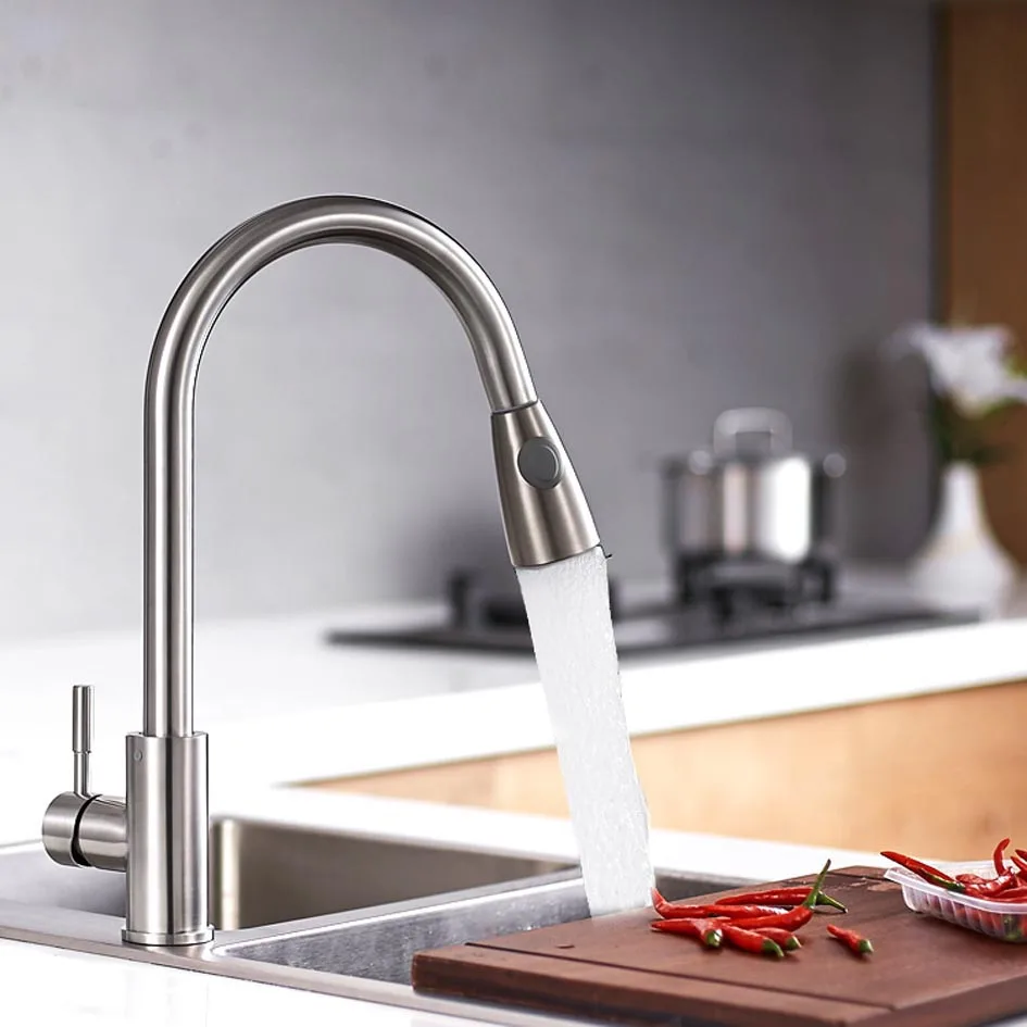 

Kitchen Faucets Brushed Single Handle Pull Out Kitchen Tap Single Hole Handle Swivel 360 Degree Water Mixer Tap Mixer Tap