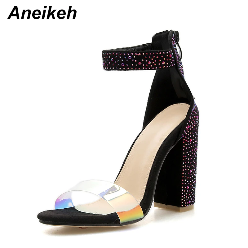 Aneikeh 2019 جديد الصيف صنادل سيدات أزياء مثير إبزيم حجر الراين الأسماك الفم مفتوحة اصبع القدم سستة مربع مع صنادل عالية الكعب