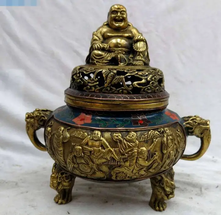 8&quot China bronze Cloisonne Eight Immortals Maitreya Buddha censer Incense burner | Дом и сад