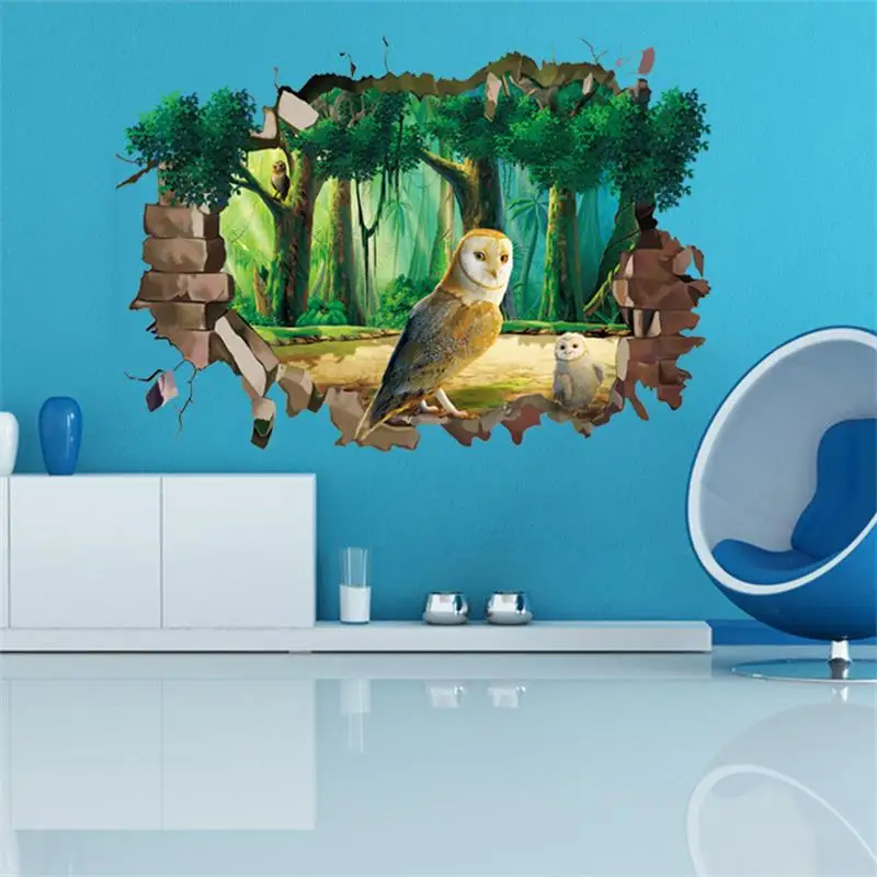 Newest 3D Owl Wall Sticker For Kids Rooms 50*70cm Cartoon Animal Owl Wall Decal Home Decor Wall Brick Pattern Art Mural Poster