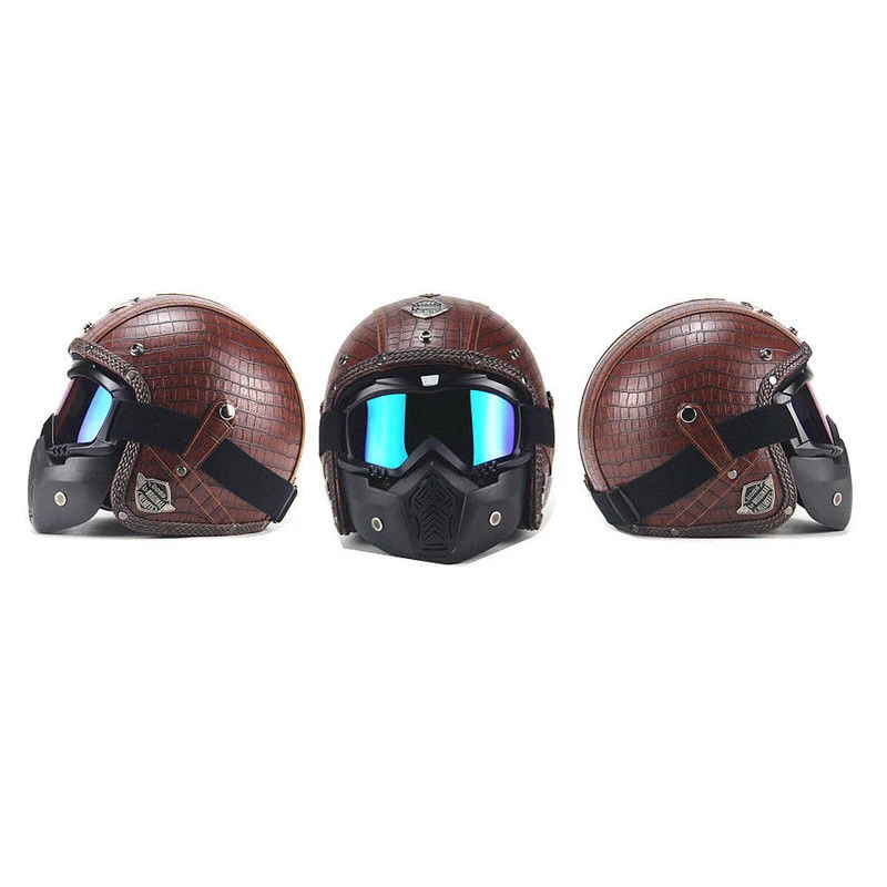 Brown Motorcycle Helmets 3/4 Open Helmet PU Leather + Goggle Mask Vintage Style XLL