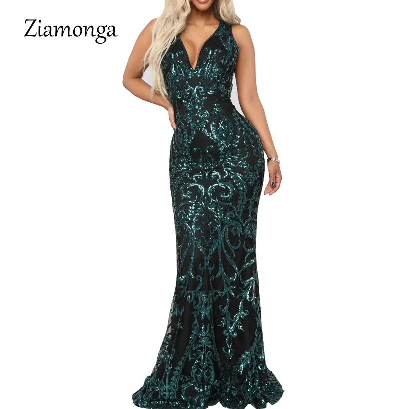 

Ziamonga Summer Shinning Sequined Women Sexy Dress Sleeveless V-Neck Mermaid Maxi Long Dress Elegant Party Dresses Femme Robe