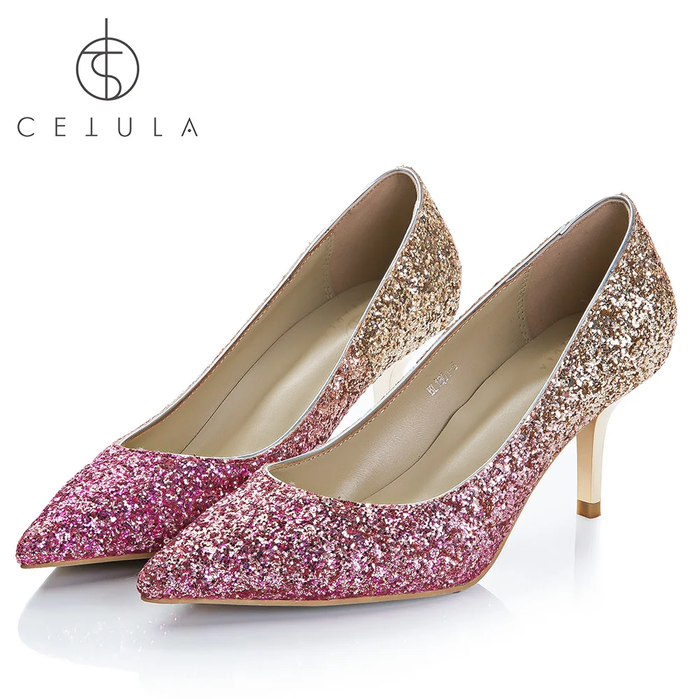 

@Cetula 2018 Handcrafted GOLD Metal Kitten Heel Pink-Gold Glitter WEDDING/BANQUET/PARTY/EVENING/COCKTAIL Female Slip-on Shoes