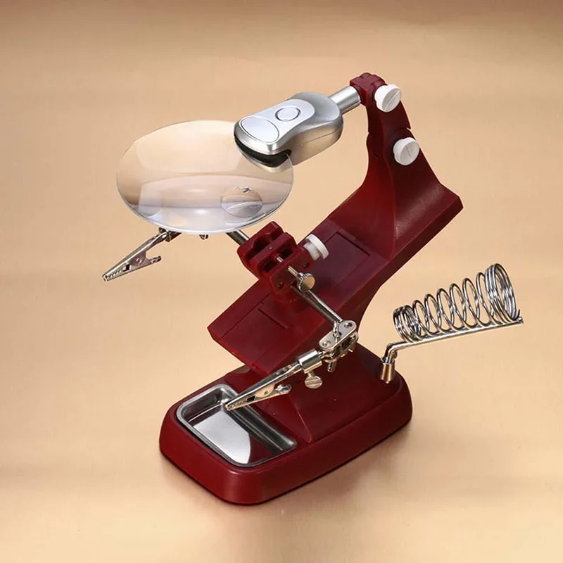 Helping Hand Clip LED Magnifying Soldering Iron Jewelry Stand Lens Magnifier Red