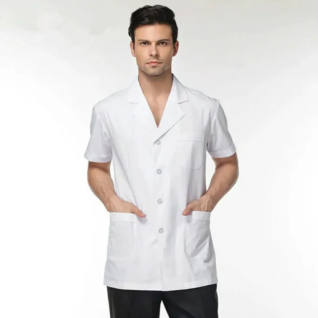 Male and female doctors wear lab coat, short sleeve summer clothing pharmacy work clothes