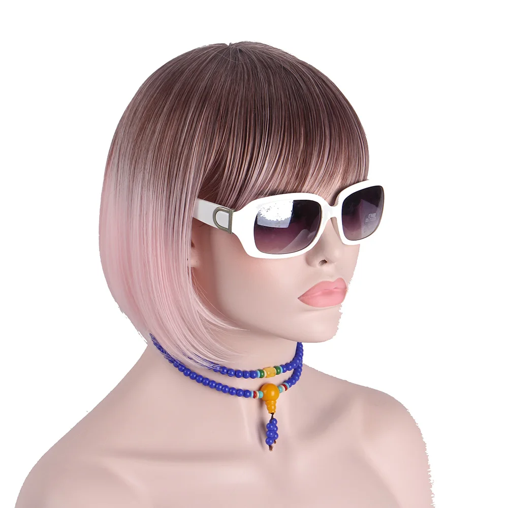 

Anxin Short Bob Wigs for Women Colorful Ombre Dark Brown Light Pink Multicolored Not Human Hairs Synthetic Cosplay Costume Wigs