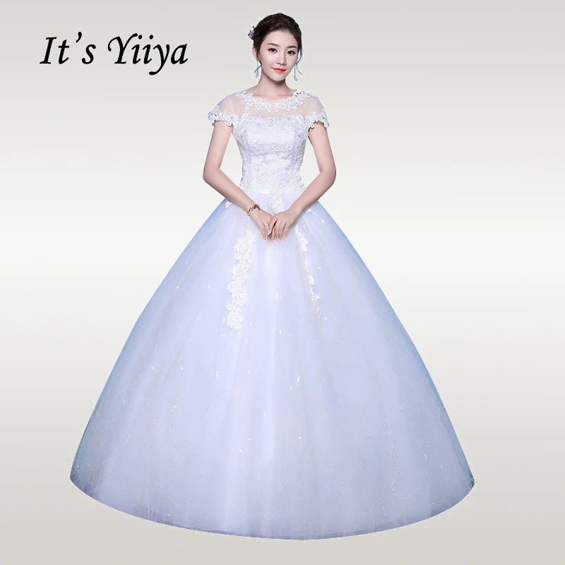 

It's YiiYa Wedding Dress 2019 Elegant White Lace O-neck Weddding Dresses Plus Size Floor Length Vestido de novia XXN218