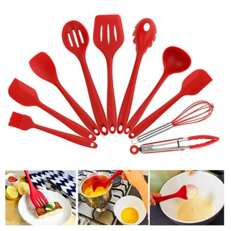10Pcs/Set Non-Stick Silicone Kitchen Utensils Set Non-Toxic Spatula Spoon Ladle Spaghetti Server Slotted Turner Cooking Tools 10Pcs/Set Non-Stick Silicone Kitchen Utensils Set Non-Toxic Spatula Spoon Ladle Spaghetti Server Slotted Turner Cooking Tools