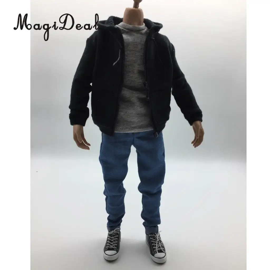 MagiDeal Hot Sale 1Set 1/6 Scale Mens Clothes Black Hoodie T-shirt Jeans Belt Canvas Shoes for 12 Inch Action Figures Model