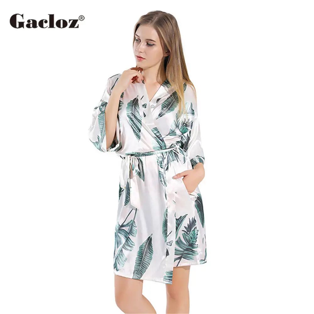 

Gacloz Women Silk Satin Bathrobe Leaf Print Kimono Robe Nightdress Ladies Plus Size Sleepwear Nightgown Szlafrok