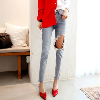 

Denim Jeans for Women High Waist Ripped Hole Fringe Hem Female Pencil Jeans 2019 Streetwear Women Denim Trousers