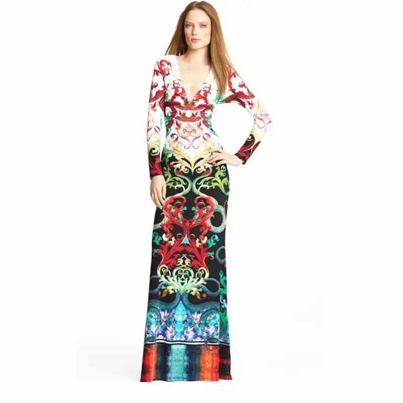 

New Silk Straight Dress Long Sleeve Sexy V Neck Snake Printed Sheath Maxi Long Jersey Silk Dress Z-1-58