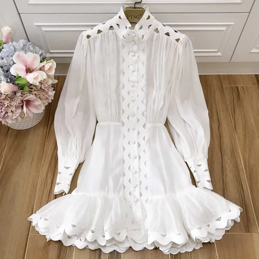 

Baogarret New Spring Summer Designer Women's Lantern Sleeve Embroidery Hollow Out Linen Cotton Dress Vestido Robe Femme