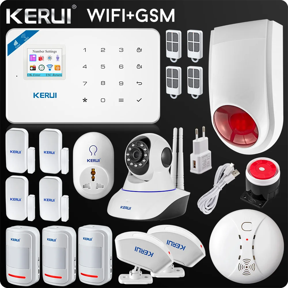 

Kerui Wifi GSM Home Security Alarm System ISO Android APP TFT Touch Panel Security Alarm System Wifi IP Camera