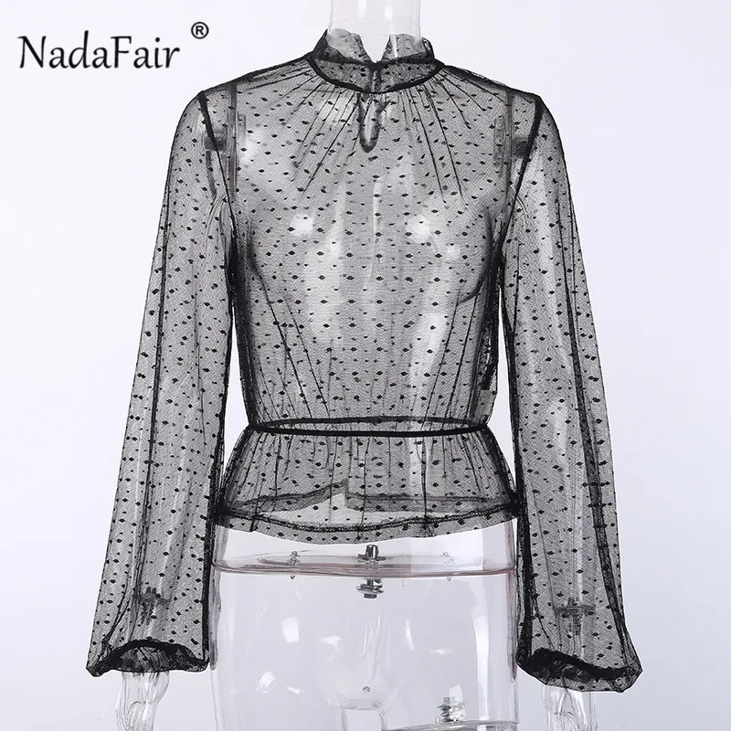 Женская сетчатая рубашка Nadafair вечерние Клубные блузки в горошек с длинным