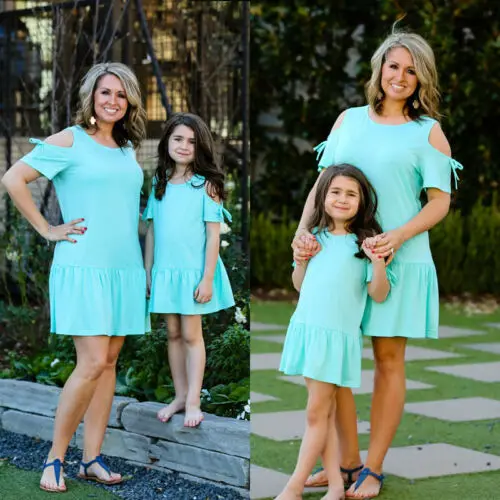 

2019 Summer Matching Clothing Mother and Daughter Mint Green Dress Parent-child Cold Off Shoulder Dress Family Outfits