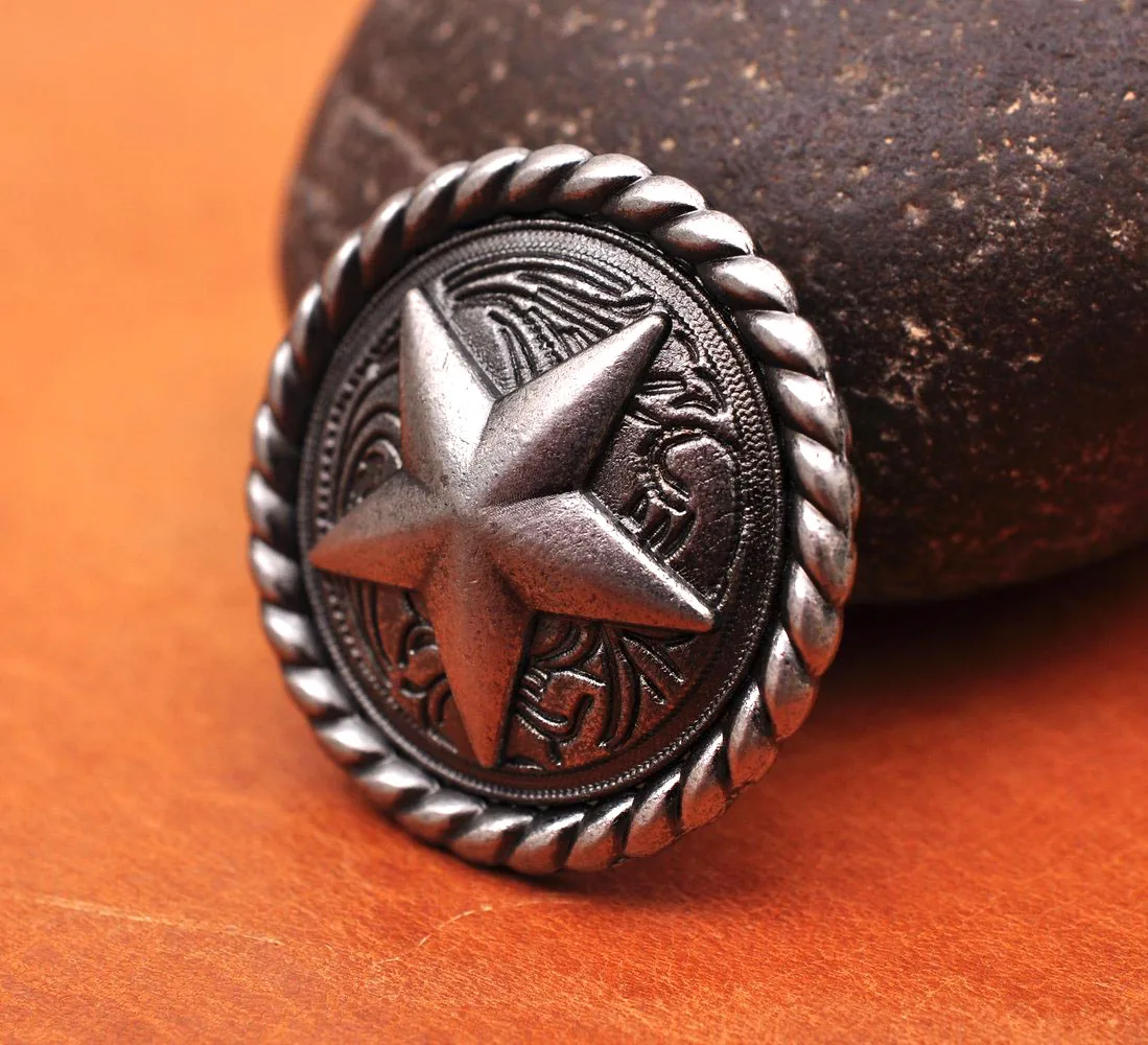 Набор из 10 старинных никелированных круглых веревок EDGE TEXAS RANGER STAR WESTERN SADDLE LEATHERCRAFT METAL CONCHOS 1-1/4"