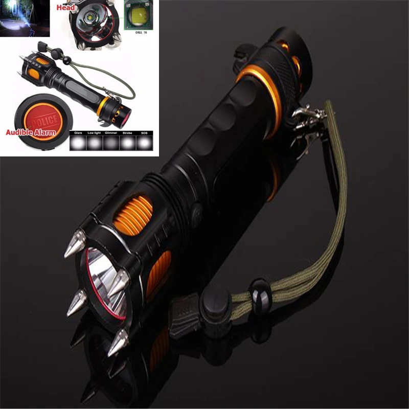 New Arrival 2000LM T6 LED Multifunctional Police Flashlight Torch Waterproof Audible Alarm Attack Hunting flashlight 5 Modes