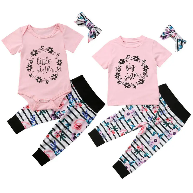 

Hot Sale Family Matching Baby Little Sister Big Sister Girls Floral Printed Tops Pants Outfits