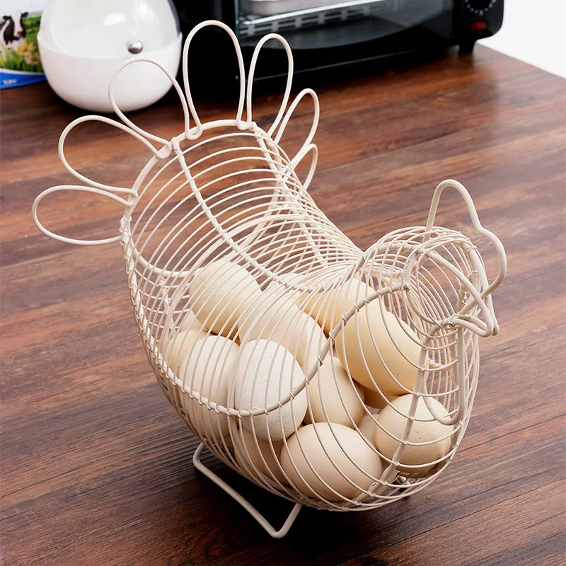 Chicken Design Egg Basket White Metal Wire Quail Egg Storage Container Vintage Farmhouse Kitchen Food Fruit Storage Basket