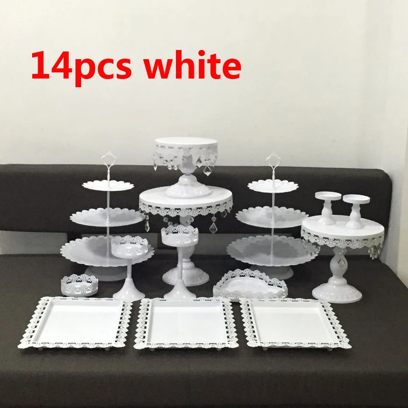 white 14 pcs Золотые свадебные десерт лоток торт стенд кекс торт отображать украшение стола вечерние питания 14 шт./компл. комплект с украшением в виде кристаллов моноблок - Цвет: white 14 pcs