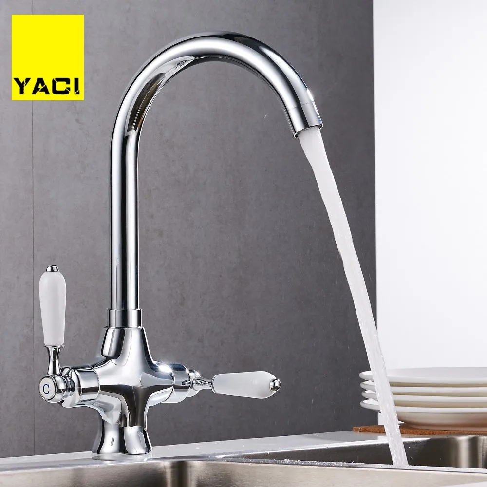 

YACI Kitchen 360-degree chrome faucet cold hot water double handle single faucet
