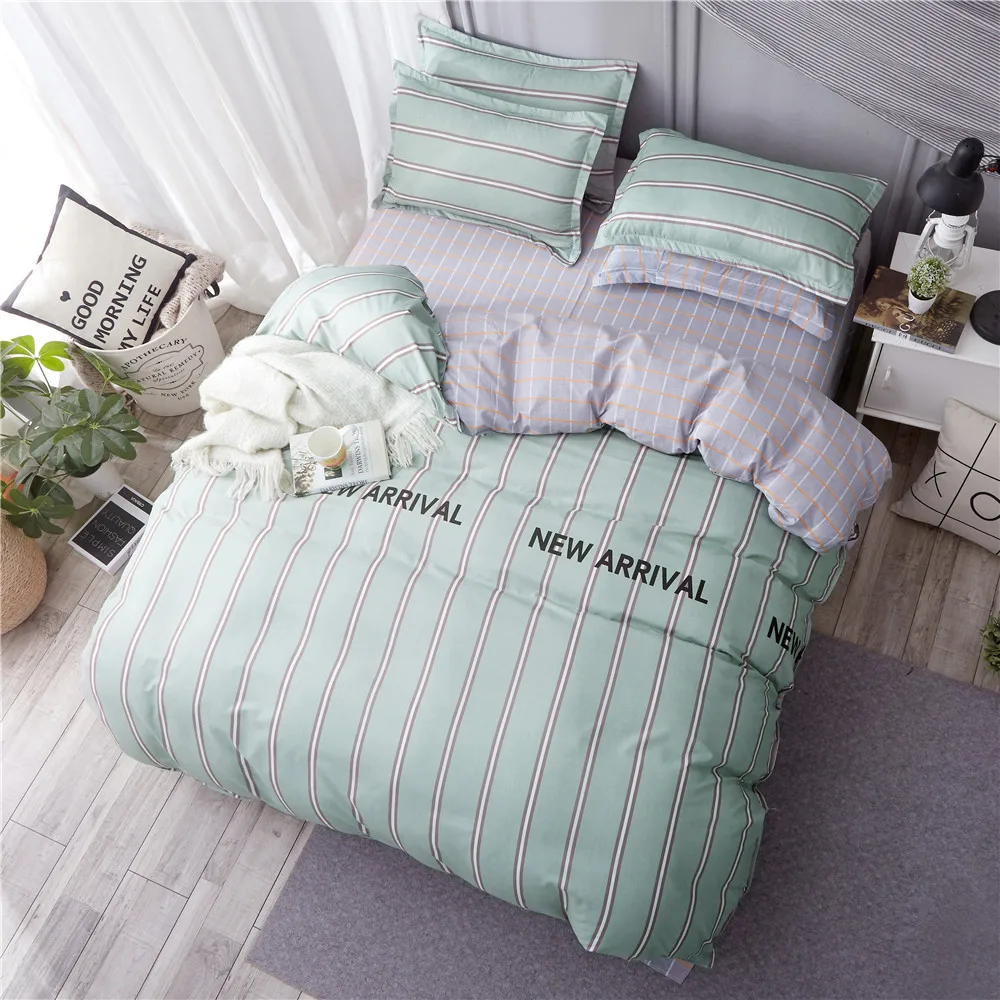 Green White Grey Classic Bedding Set Striped Duvet Cover Bed Linen