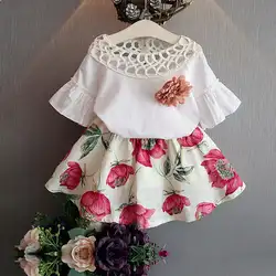 Новый Одежда для детей; малышей; девочек футболка с коротким рукавом + цветы летнее платье наряды Платья для маленьких девочек детская
